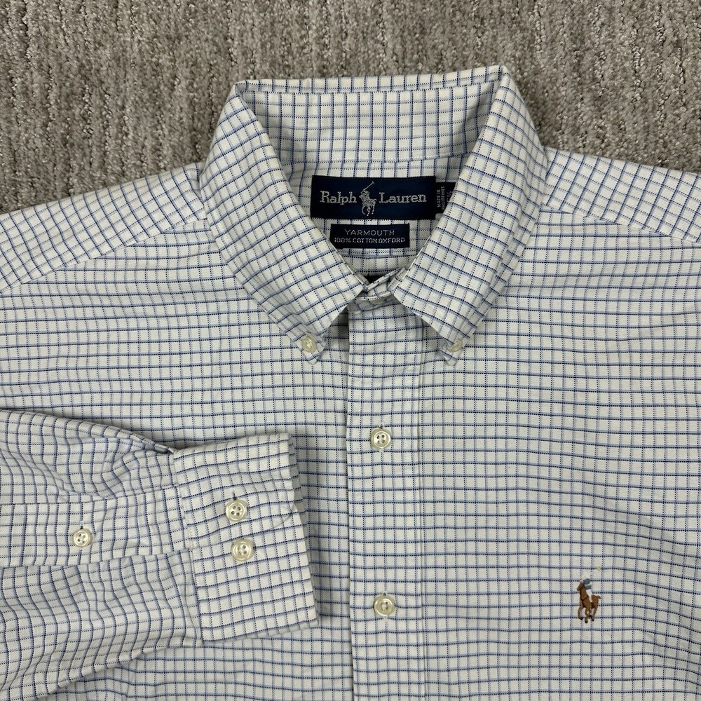 Ralph Lauren Dress Shirt Mens 32-33 15.5 Blue White Yarmouth Cotton Check Oxford